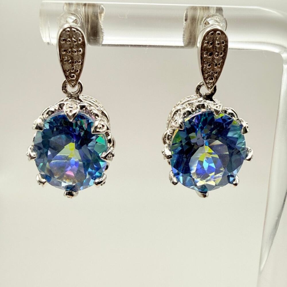 Sterling Silver 925 Rainbow Mystic Topaz Crown Dangle Earrings Oval Cut Gem